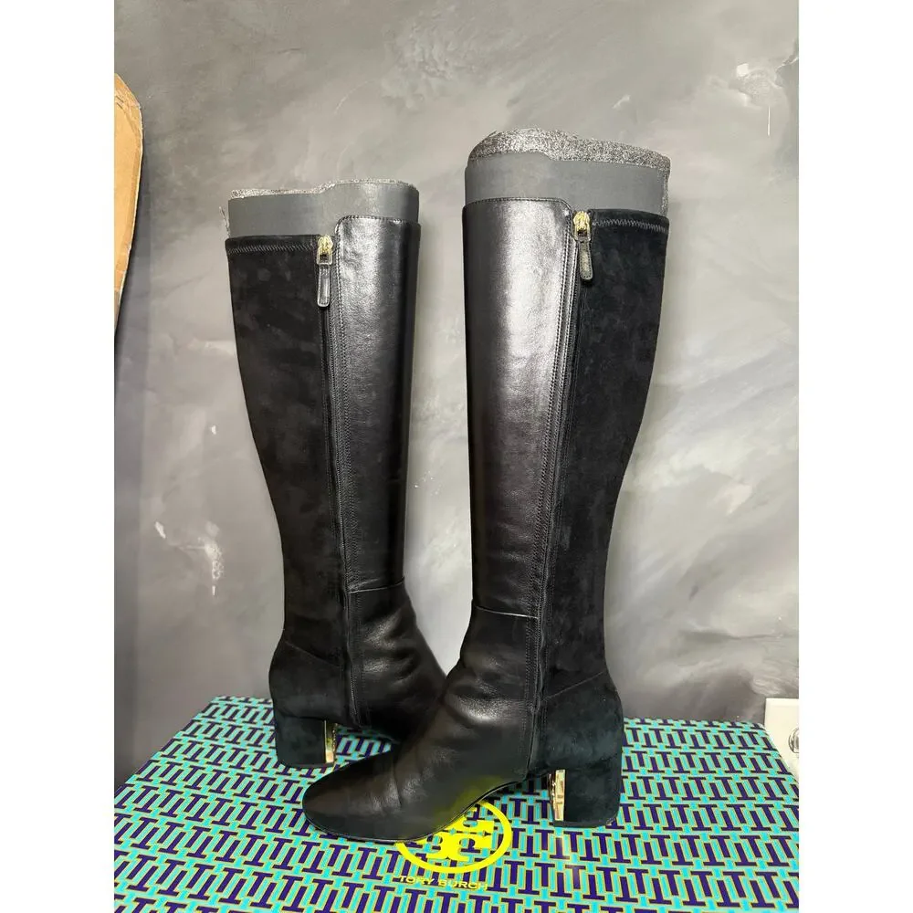 Tory Burch GIGI 55mm Tall Boots Calf Leather Stretch Suede Black Gold Size 8